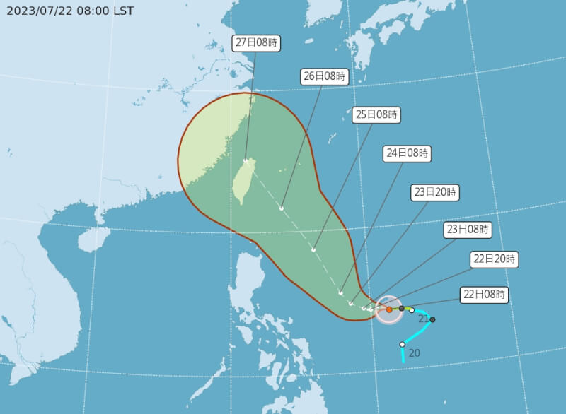 根據中央氣象局觀測，颱風杜蘇芮22日上午8時的中心位置在北緯 14.2 度，東經 131.3 度，以每小時15公里速度，向西北西進行。（圖取自中央氣象局網頁cwb.gov.tw）