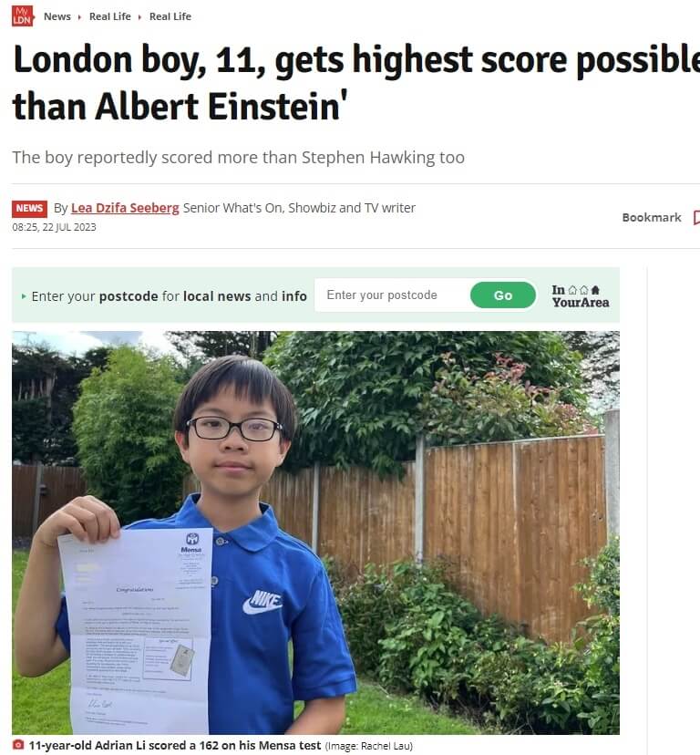 居住在英國倫敦自治市鎮巴奈特的11歲香港移民男孩艾德瑞安．李（圖），在門薩智商測驗中追平歷來最高分，甚至超過愛因斯坦和霍金。（圖取自MyLondon網頁mylondon.news）