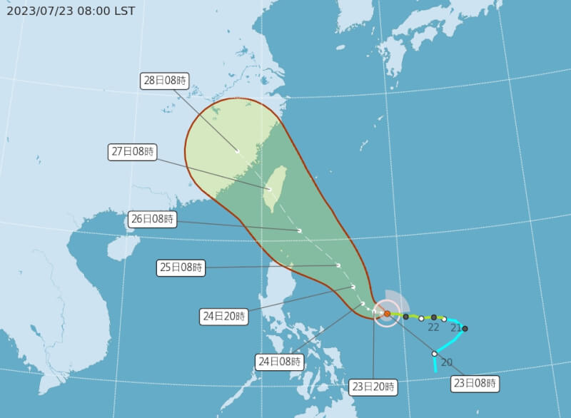 中央氣象局指出，颱風杜蘇芮23日上午8時位置在馬尼拉東方850公里海面上（即鵝鑾鼻東南方1200公里海面上），以每小時10公里速度，向西北西轉西北進行。（圖取自中央氣象局網頁cwb.gov.tw）