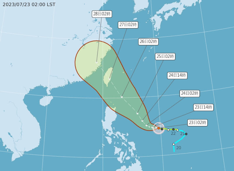 氣象局22日表示，根據最新預報颱風杜蘇芮的路徑向北偏一點，預估最快發布海警時間點是25日上午。（圖取自中央氣象局網頁cwb.gov.tw）