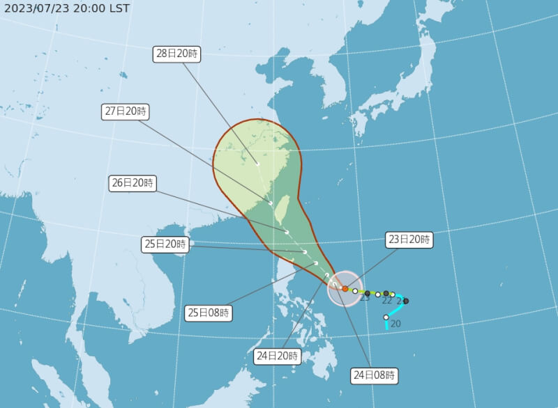 颱風杜蘇芮23日晚間8時增強為中度颱風，暴風圈也擴大，路徑往南修正。（圖取自中央氣象局網頁cwb.gov.tw）