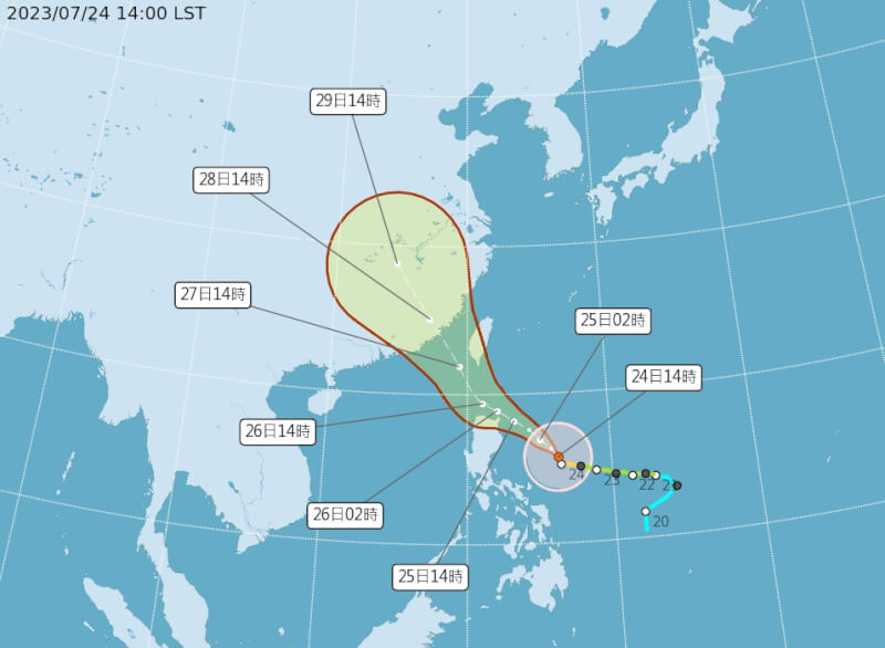 氣象局24日表示，颱風杜蘇芮已接近中颱上限，預測路徑又稍微離台灣遠一點。（圖取自氣象局網頁cwb.gov.tw）