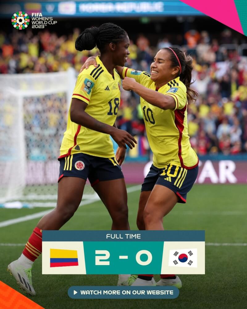哥倫比亞前鋒凱塞多（左）25日在女子世界盃足球賽首秀就進球，率隊以2比0擊退韓國隊。（圖取自facebook.com/fifawomensworldcup）