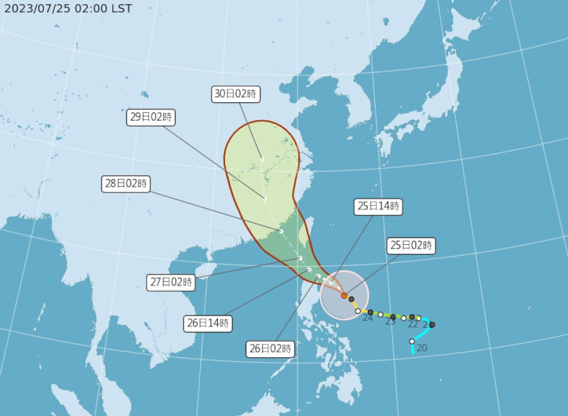 颱風杜蘇芮路徑預測圖。（圖取自中央氣象局網頁cwb.gov.tw）