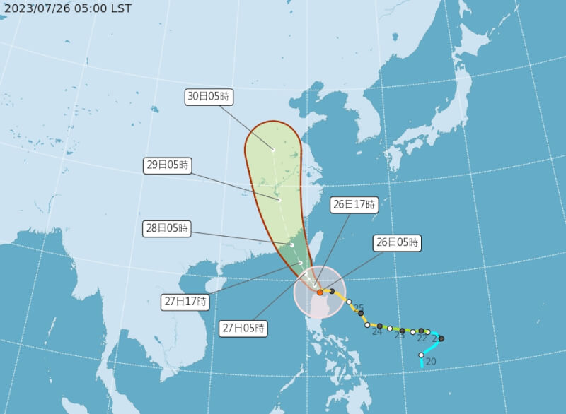 根據中央氣象局25日晚間11時30分最新訊息，中度颱風杜蘇芮漸朝台灣接近，警戒範圍深夜新增高雄。（圖取自中央氣象局網頁cwb.gov.tw）