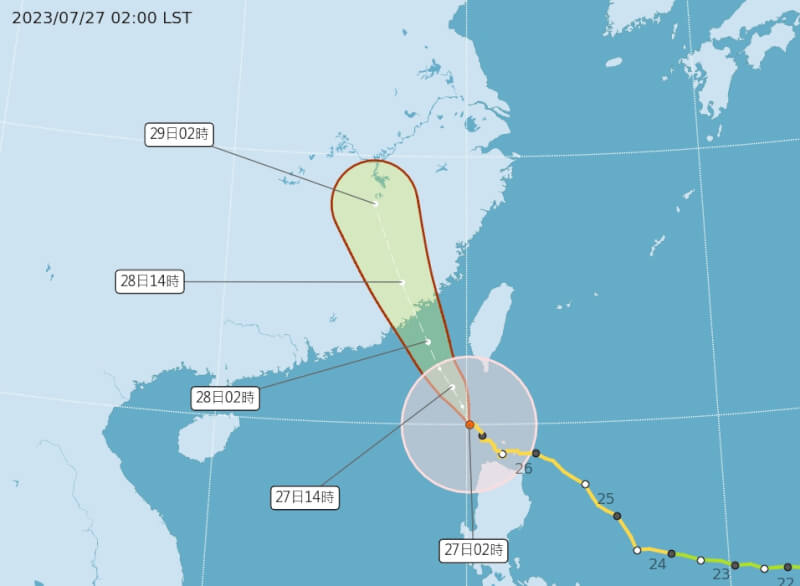 氣象局27日表示，中颱杜蘇芮稍微減弱，但台中以南、花東、澎湖及金門仍是陸上警戒區域。（圖取自中央氣象局網頁cwb.gov.tw）