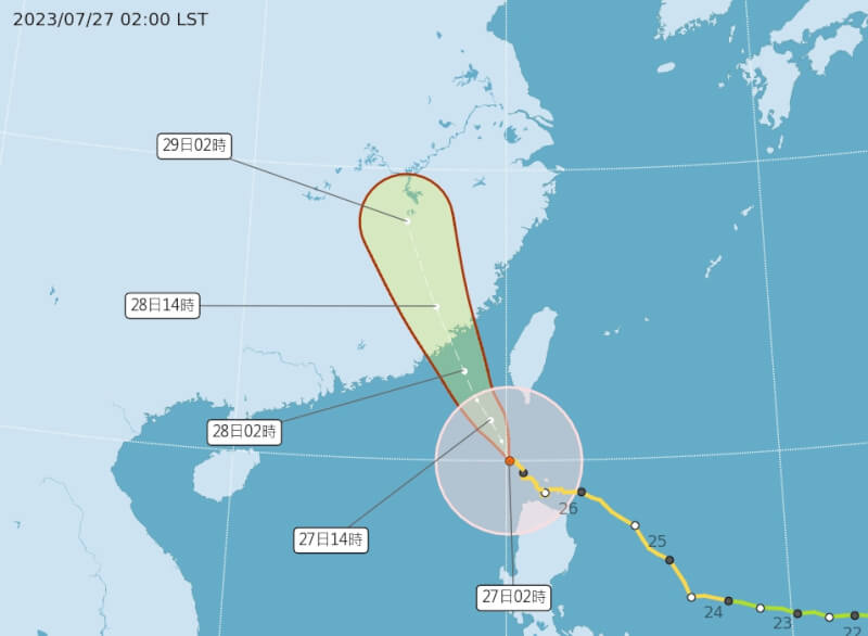 吳德榮指出，中颱杜蘇芮27日平行台灣西南部陸地，也是距離最近的一段時間，威脅最大；未來將通過巴士海峽、台灣海峽南部，明天上午進入福建。（圖取自中央氣象局網頁cwb.gov.tw）