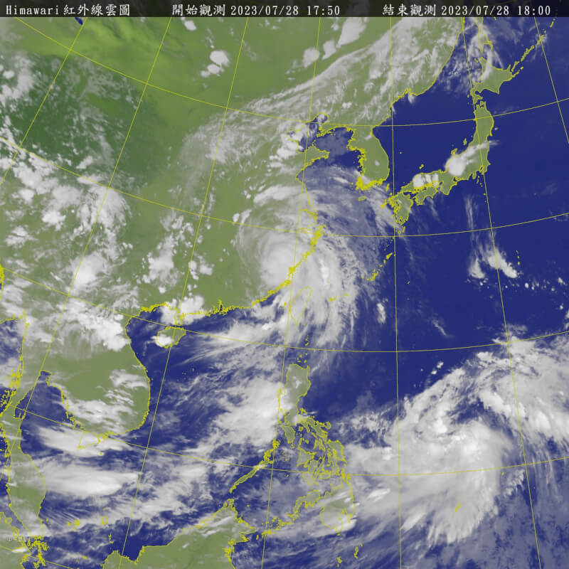 颱風杜蘇芮逐漸遠離，氣象局28日下午解除海陸警。圖為下午5時50分紅外線雲圖。（圖取自中央氣象局網頁cwb.gov.tw）