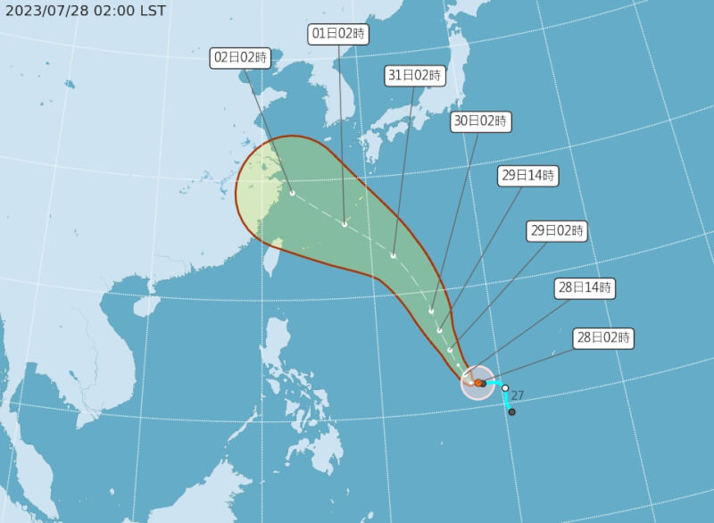 颱風卡努28日生成，預計朝西北移動，路徑31日較明朗。（圖取自中央氣象局網頁cwb.gov.tw）