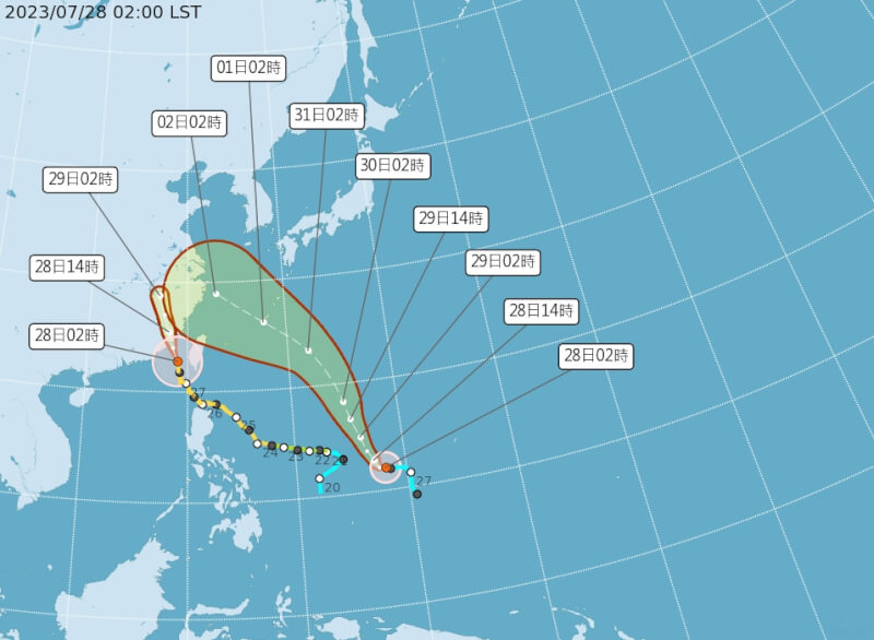 台灣本島預估28日上午就可以脫離杜蘇芮的暴風圈。（圖取自中央氣象局網頁cwb.gov.tw）