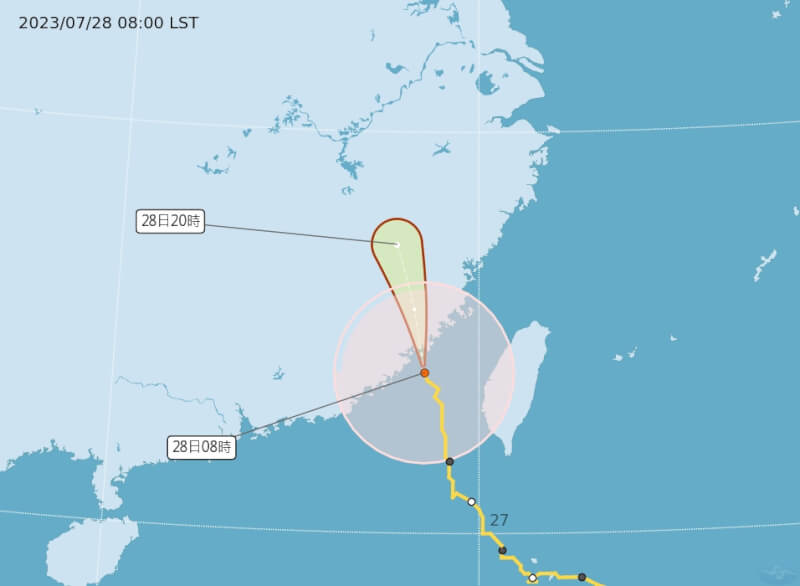 中央氣象局指出，颱風杜蘇芮加速向北北西移動，預計海陸警報28日下午或傍晚才會解除。（圖取自中央氣象局網頁cwb.gov.tw）
