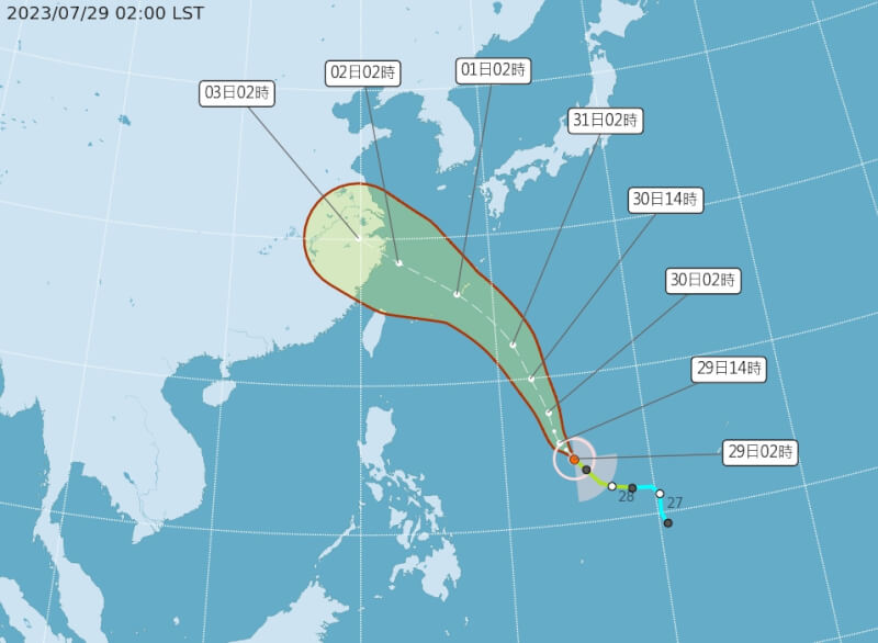 中央氣象局指出，今年第6號輕度颱風「卡努」 29日清晨2時中心位於鵝鑾鼻東南東方約1730公里，以西北西方向朝琉球南方海面前進。（圖取自中央氣象局網頁cwb.gov.tw）