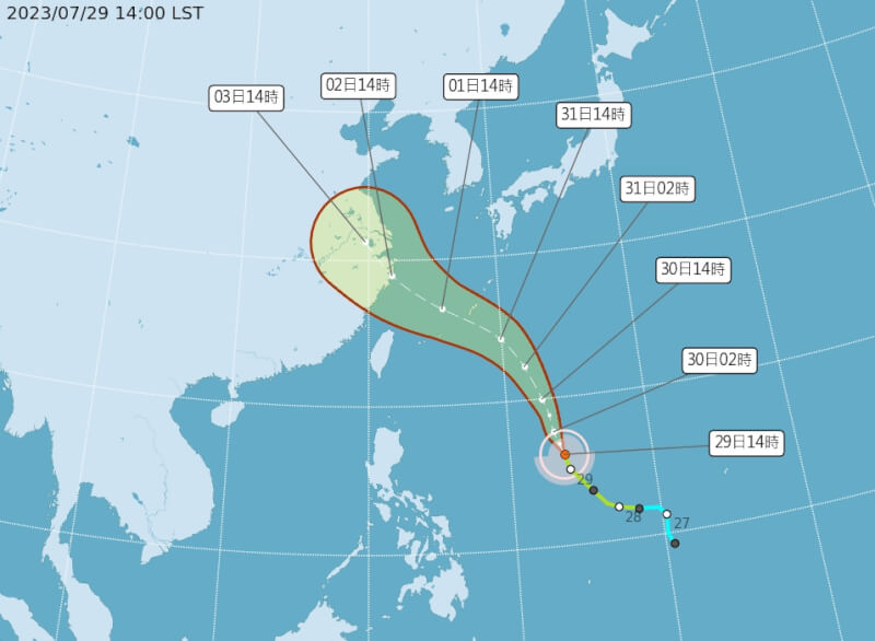 颱風卡努預估31日增強為中度颱風，31日走到琉球東南方海面後開始轉朝西北方向。（圖取自中央氣象局網頁cwb.gov.tw）