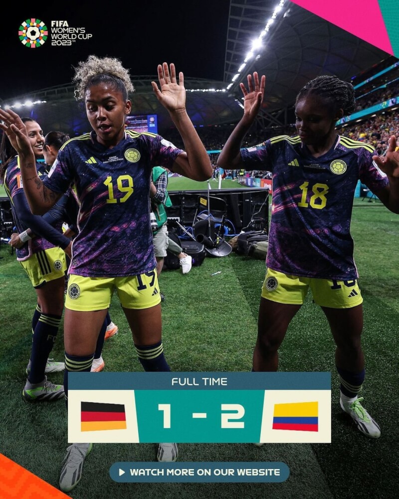 哥倫比亞30日在2023女子世界盃足球賽H組賽事以2比1險勝德國，哥倫比亞目前以6分積分暫居H組龍頭。（圖取自instagram.com/fifawomensworldcup）
