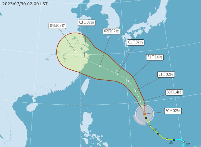 氣象專家吳德榮表示，根據中央氣象局「路徑潛勢預測圖」顯示，颱風卡努大致往琉球附近海域，轉西北西、通過東海南部，撲向浙江。（圖取自中央氣象局網頁cwb.gov.tw）