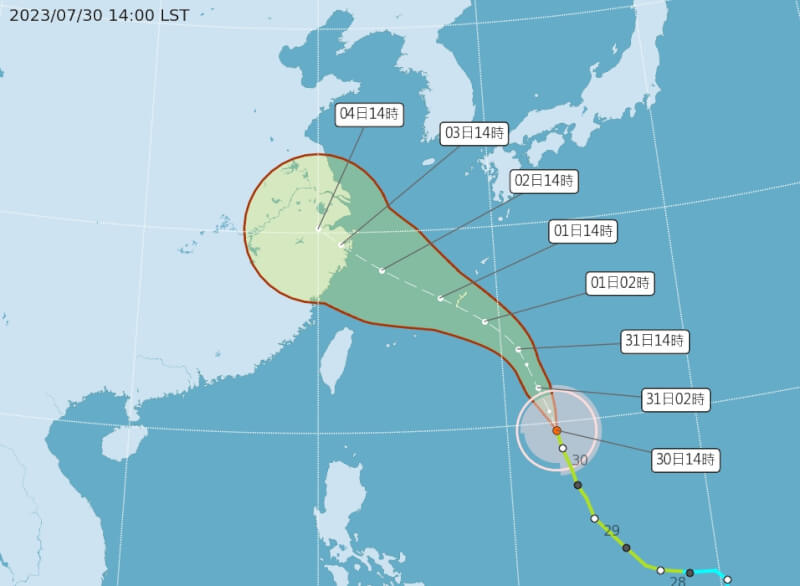 颱風卡努30日下午增強為中度颱風，不排除8月1日發布海警，預估8月2日最接近台灣。（圖取自中央氣象局網頁cwb.gov.tw）