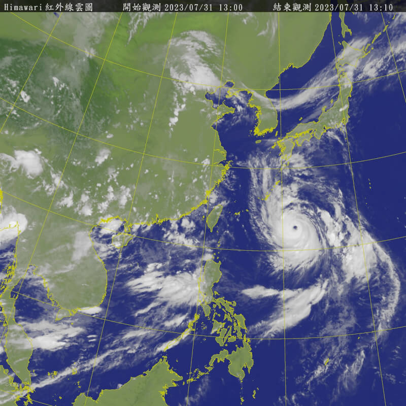 圖為31日下午1時衛星雲圖。(圖取自中央氣象局網頁cwb.gov.tw)