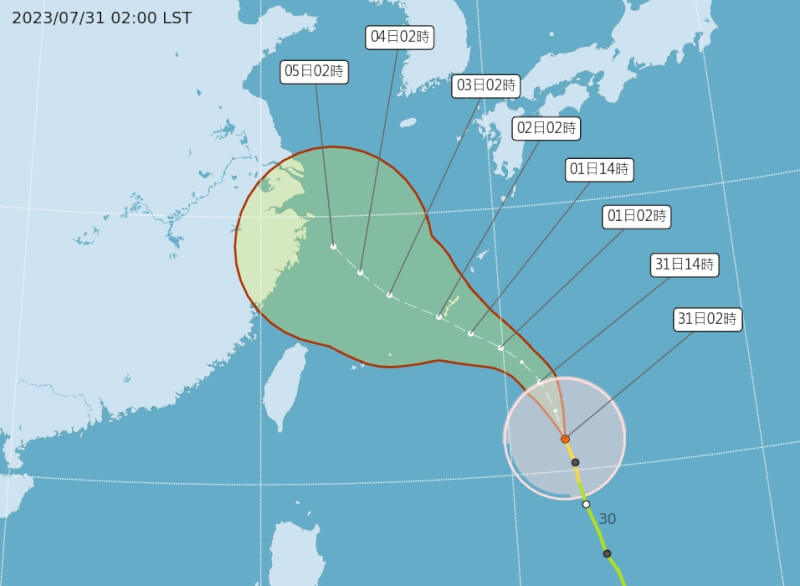 中央氣象局指出，第6號中度颱風「卡努」清晨2時中心位於台北東南東方1170公里的海面上，以北北西轉西北的方向朝琉球群島前進。（圖取自中央氣象局網頁cwb.gov.tw）