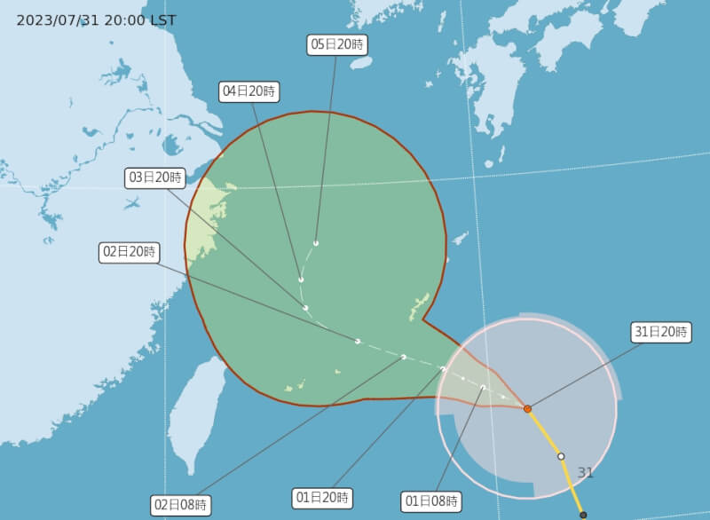 氣象局表示，中度颱風卡努行進緩慢，預測暴風圈可能還會擴大，8月3日最接近台灣時也是它相對較強的時候。（圖取自中央氣象局網頁cwb.gov.tw）