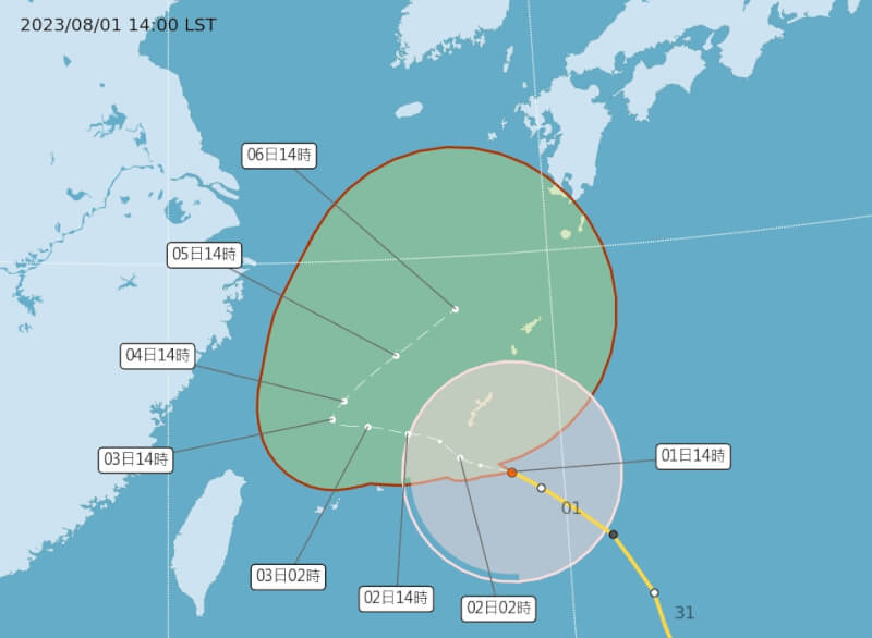 中央氣象局表示，颱風卡努逐漸接近並影響台灣北部海域，1日晚間8時30分發布中颱卡努海上颱風警報。（圖取自中央氣象局網頁cwb.gov.tw）