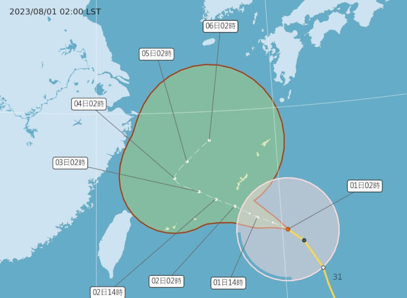 氣象局7月31日表示，中度颱風卡努行進緩慢，預測暴風圈可能還會擴大。（圖取自中央氣象局網頁cwb.gov.tw）