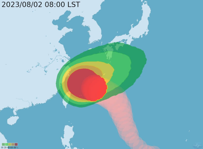 颱風卡努逐漸朝台灣接近，中央氣象局2日中午研判，雙北、基隆及宜蘭有機會進入颱風暴風圈。（圖取自中央氣象局網頁cwb.gov.tw）