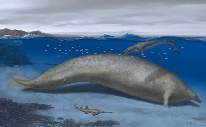 秘魯出土的古代鯨魚骨骼化石顯示，一種體型像海牛，質量可能超越藍鯨的動物，有實力搶下地球史上最大動物頭銜。（Giovanni Bianucci/Handout via 路透社）