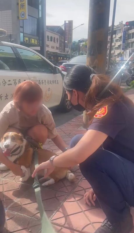 高雄市曹姓女子1日因與男友口角鬧分手，過程中不小心讓身旁柯基愛犬「養樂多」溜走，因此坐在路旁大哭尖叫，市府警察局三民二分局鼎山派出所員警獲報處理，僅過15分鐘便找回狗狗，曹女終於破涕為笑，並在女警開導下平復心情。（高市三民二警分局提供）中央社記者洪學廣傳真  112年8月3日