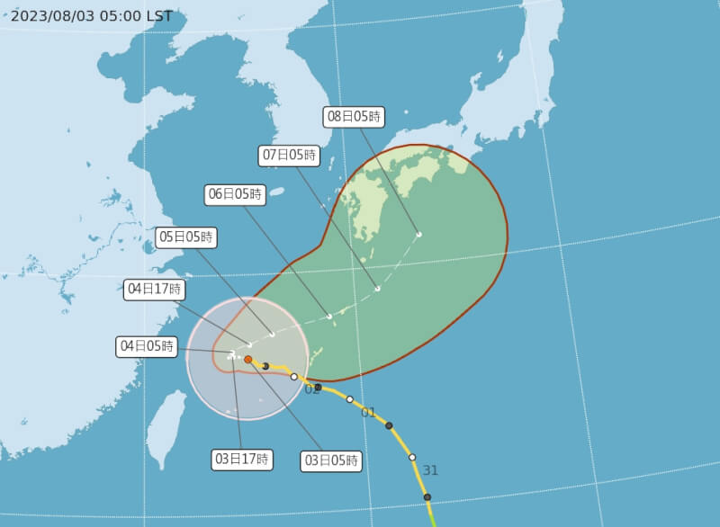 氣象局預估，颱風卡努3日深夜最靠近台灣。（圖取自氣象局網頁cwb.gov.tw）
