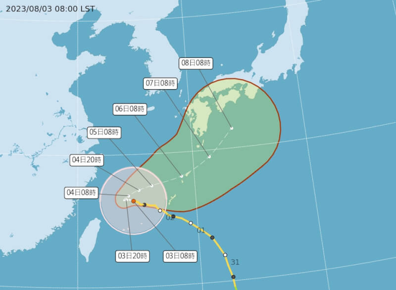 氣象局表示，颱風卡努預估3日深夜到4日凌晨最接近台灣。（圖取自氣象局網頁cwb.gov.tw）