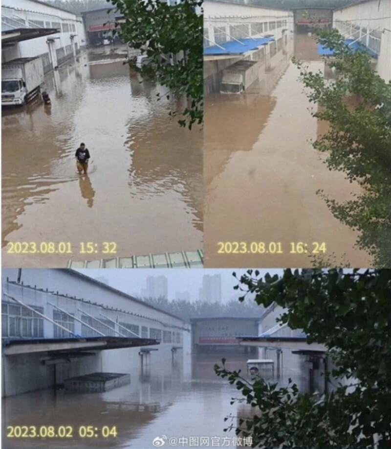 京津冀連續多日強降雨，位於河北涿州知名的圖書銷售平台「中圖網」倉庫淹水，約400萬冊圖書恐將報廢。（取自中圖網官方微博）中央社記者周慧盈北京傳真 112年8月5日