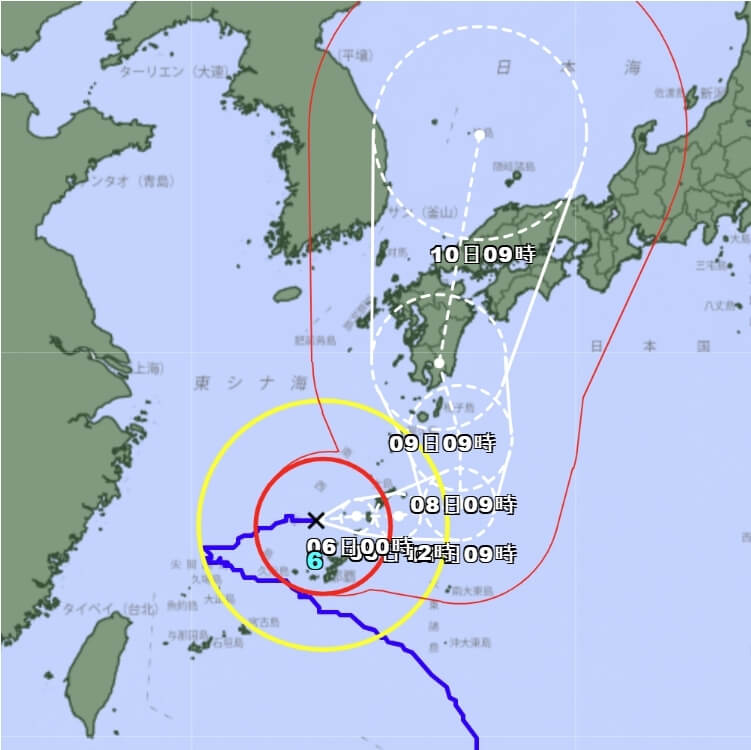 日本氣象廳觀測，卡努5日上午10時位於沖繩縣久米島北方約160公里海面上，緩慢朝東行進，沖繩本島全境在短期內二度被暴風圈籠罩。（圖取自日本氣象廳網頁data.jma.go.jp）