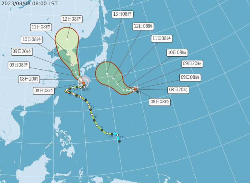 中央氣象局8日發布颱風生成訊息，日本東南方海面熱帶性低氣壓增強為今年第7號颱風蘭恩（右）。（圖取自中央氣象局網頁cwb.gov.tw）