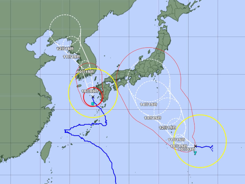 日本氣象廳觀測，颱風卡努（左）8月10日朝對馬海峽前進。（圖取自日本氣象廳網頁jma.go.jp）