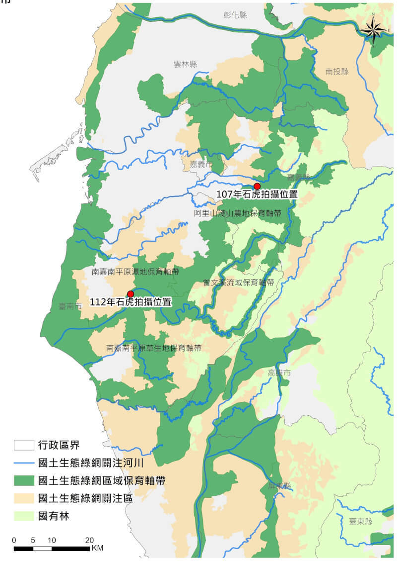 圖為本次發現地點與國土生態綠網保育軸帶位置圖。（圖取自農業部林業及自然保育署網頁forest.gov.tw）