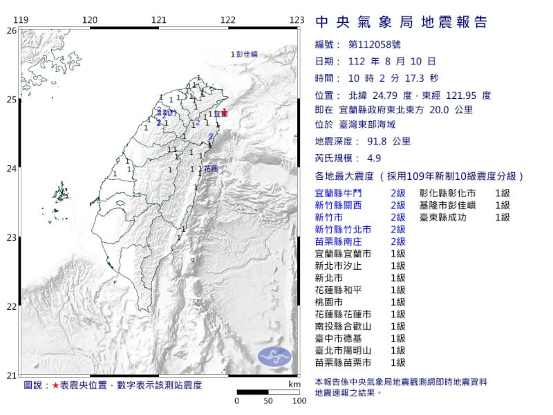 中央氣象局10日早上發布規模4.9地震報告。（圖取自中央氣象局網頁cwb.gov.tw）