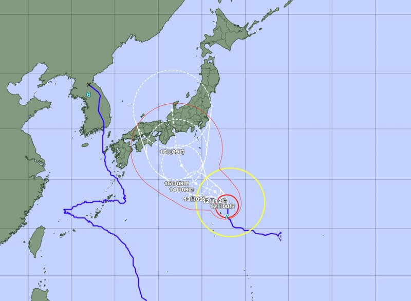 日本氣象廳預估，颱風蘭恩威力將持續增強，暴風圈會大約在15日即日本傳統節日「盂蘭盆節」期間觸及日本本州等地。（圖取自日本氣象廳網頁jma.go.jp）