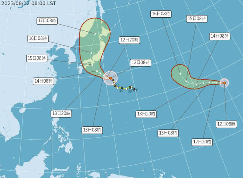 中央氣象局12日觀測，中度颱風蘭恩朝日本移動，颶風朵拉跨過國際換日線，成為今年第8號颱風，研判強度正減弱中。（圖取自中央氣象局網頁cwb.gov.tw）
