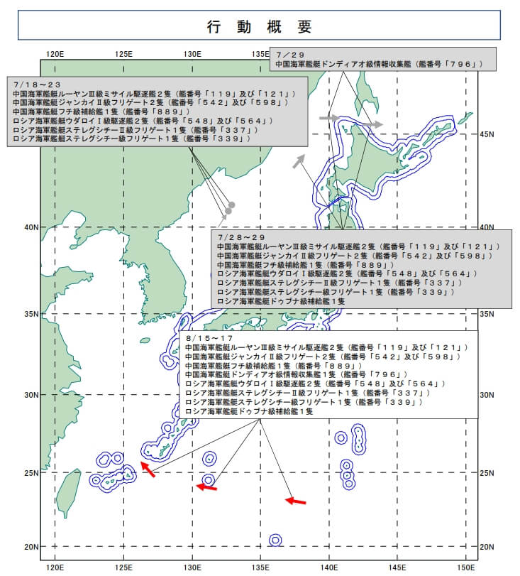 日本防衛省表示，中國和俄羅斯總計11艘艦艇同時穿越沖繩本島與宮古島之間的宮古海峽。（圖取自日本防衛省統合幕僚監部網頁mod.go.jp）