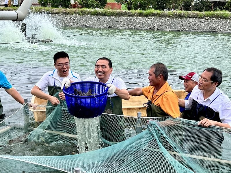 國民黨總統參選人侯友宜（左2）18日參訪屏東縣鹽埔鄉泰國蝦養殖專區，現場換上青蛙裝，走入水深及大腿的養殖池中與漁民一起體驗撈蝦。中央社記者李卉婷攝  112年8月18日