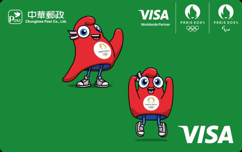 2024年巴黎奧運將於明年7月登場，中華郵政21日表示，郵政數位Visa金融卡也為這體育盛事換上新裝，新卡面由2024年巴黎奧運的吉祥物「弗里吉Phryges」擔任主角，希望提升民眾對奧運賽事的關注，鼓勵大眾多參與各項體育運動。（中華郵政公司提供）中央社記者汪淑芬傳真 112年8月21日
