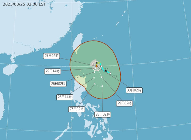 中央氣象局預估第9號輕度颱風蘇拉持續增強，短期內往南後再回頭，影響台灣程度待評估。（圖取自氣象局網頁cwb.gov.tw）