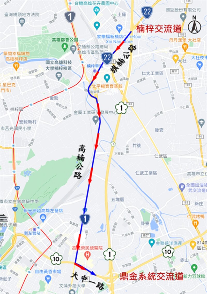 交通部高速公路局南區養護工程分局辦理「國道1號後勁溪過水橋新建工程」舊橋拆除作業，28日起一連3天封閉，每晚10時至隔天清晨6時封閉管制國道1號南下楠梓交流道至鼎金系統交流道路段。（高雄市交通局提供）中央社記者洪學廣傳真 112年8月26日