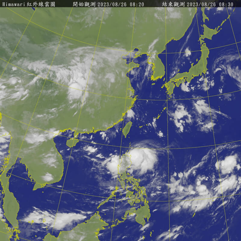 氣象局最新颱風消息顯示，蘇拉清晨2時增強為中度颱風。圖為衛星雲圖。（圖取自中央氣象局網頁cwb.gov.tw）