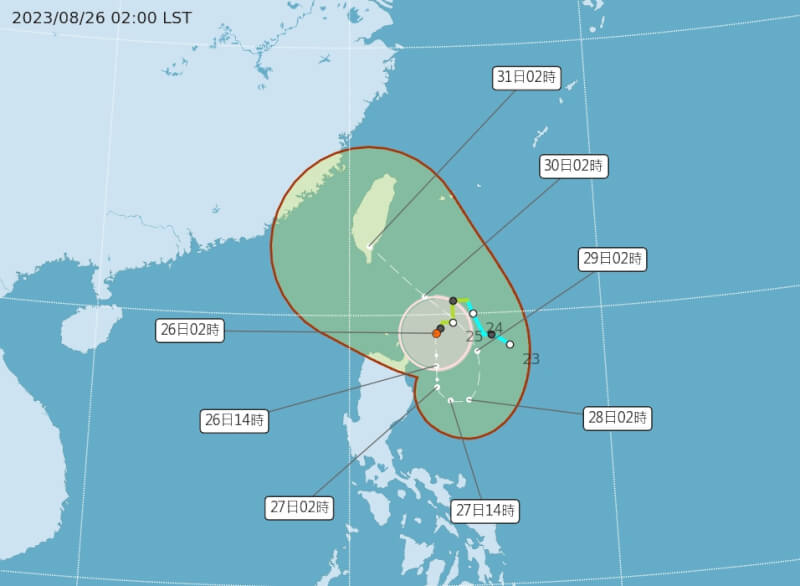 圖為26日上午2時颱風蘇拉路徑潛勢預測圖。（圖取自中央氣象局網頁cwb.gov.tw）