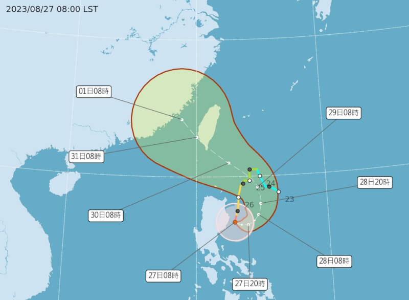 氣象局表示，依目前資料預估，不排除最快28日晚間發布強颱蘇拉海警、29日下半天可能發布陸警。（圖取自中央氣象局網頁cwb.gov.tw）