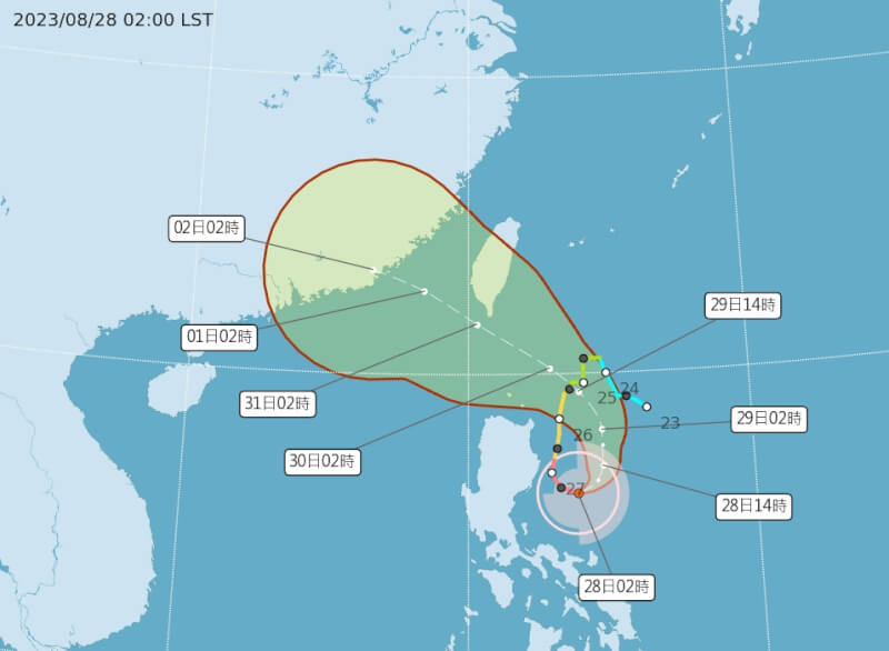 中央氣象局預估強颱蘇拉28日起往西北方向逐漸朝台灣靠近，30、31日各地風雨最強。（圖取自中央氣象局網頁cwb.gov.tw）