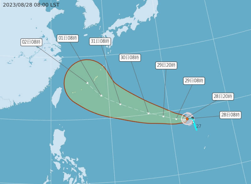 颱風海葵28日上午生成，中央氣象局預測未來朝西北方向往琉球海面移動。（圖取自中央氣象局網頁cwb.gov.tw）