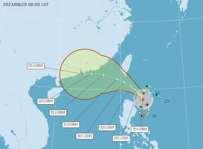 氣象局表示，中颱蘇拉正逐漸接近台灣，預估路徑中心通過台灣南端近海。（圖取自中央氣象局網頁cwb.gov.tw）