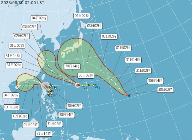 西太平洋海面除了蘇拉(左)、海葵(中)颱風外,29日深夜在菲律賓東方遠海另有一個熱帶性低氣壓(右)生成。(圖取自中央氣象局網頁cwb.gov.tw)